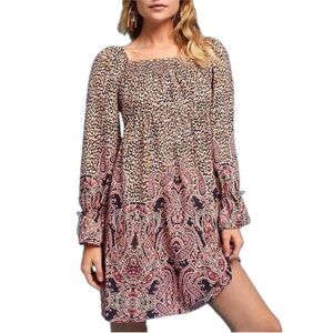 Anthropologie Maeve Milou Smocked Mini Dress Leopard Paisley Print Size M